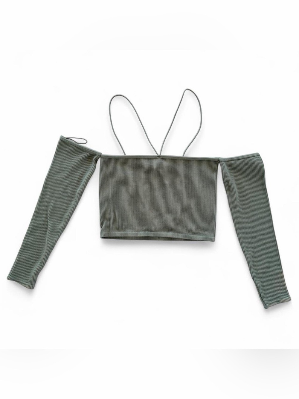Zara Olive Green Off-Shoulder Ribbed Crop Top with Spaghetti Straps
